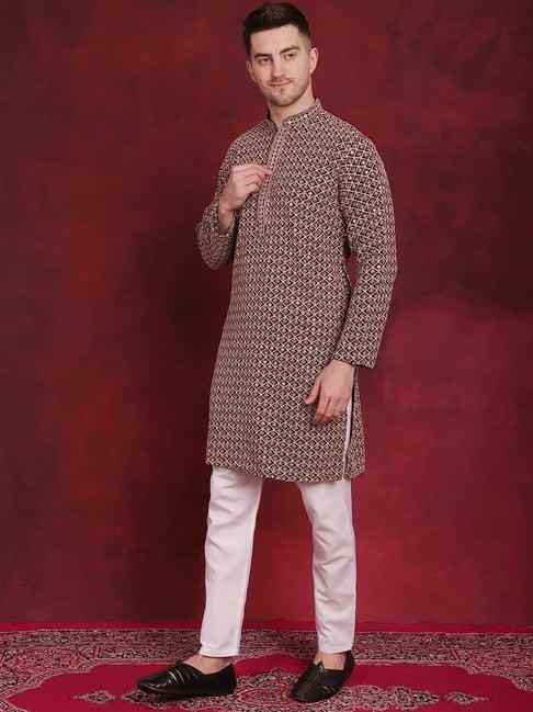 jompers brown & white regular fit embroidered kurta bottom set