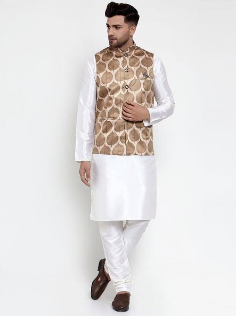 jompers brown regular fit printed kurta set & nehru jacket