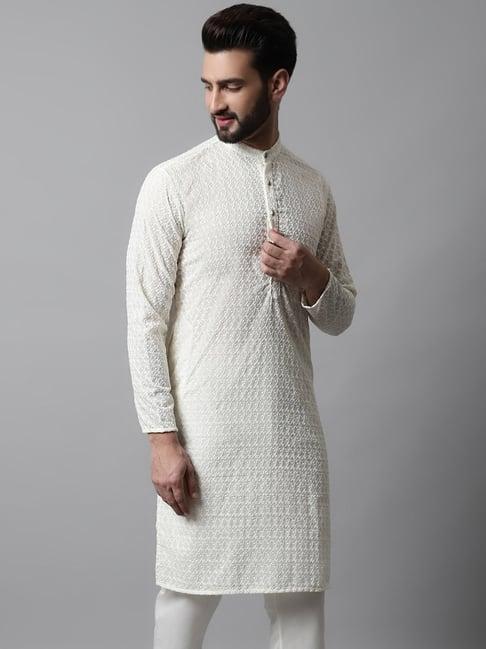 jompers cream regular fit embroidered cotton kurta