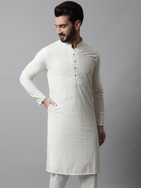 jompers cream regular fit embroidered cotton kurta