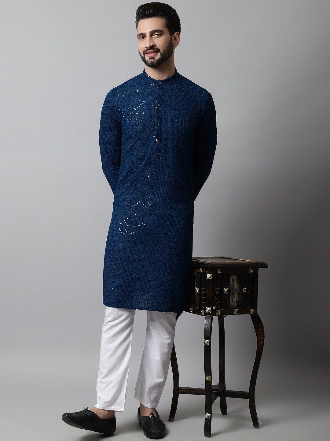 jompers embellished mandarin collar regular sequined pure cotton kurta with pyjamas