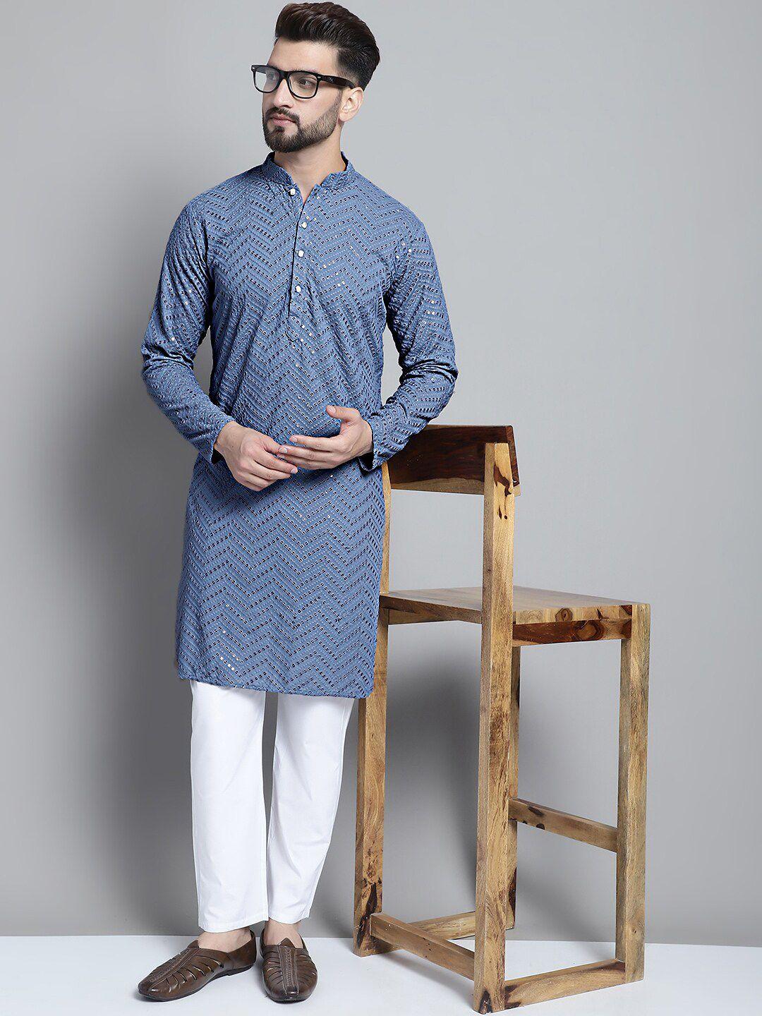 jompers embellished mandarin collar regular sequined pure cotton kurta with pyjamas