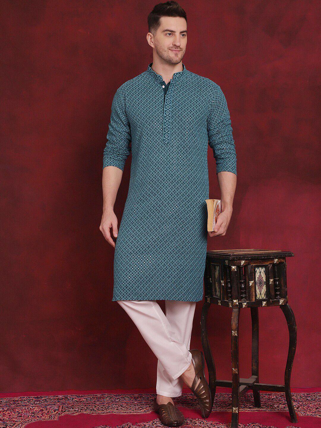 jompers embroidered pure cotton regular sequinned kurta with pyjamas