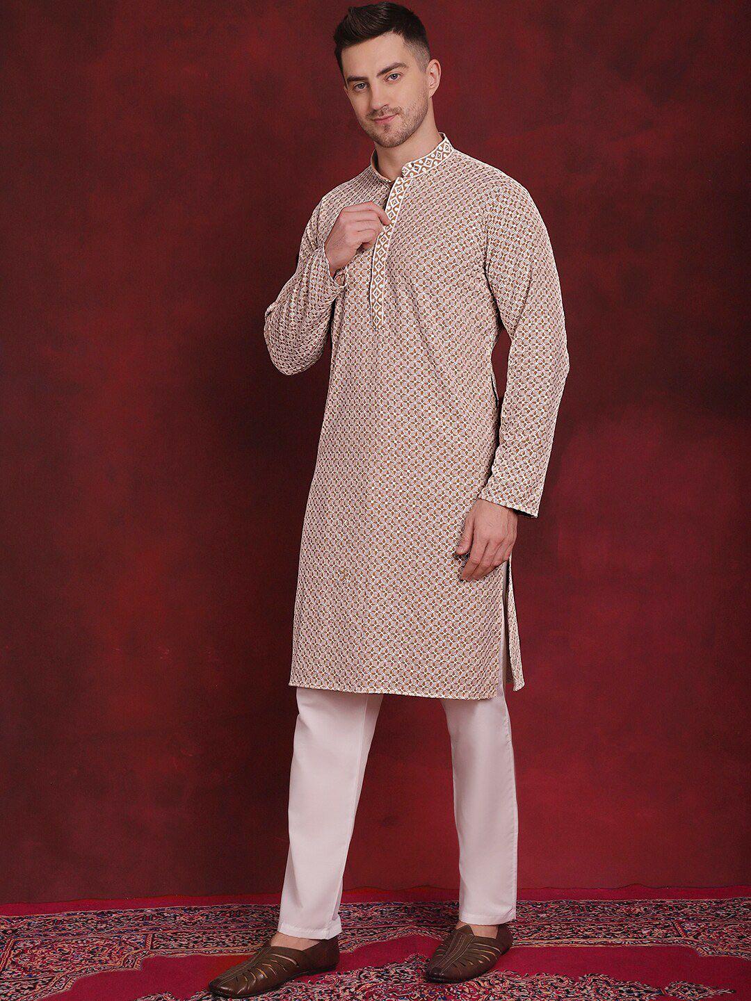 jompers embroidered regular sequinned pure cotton straight kurta with pyjamas