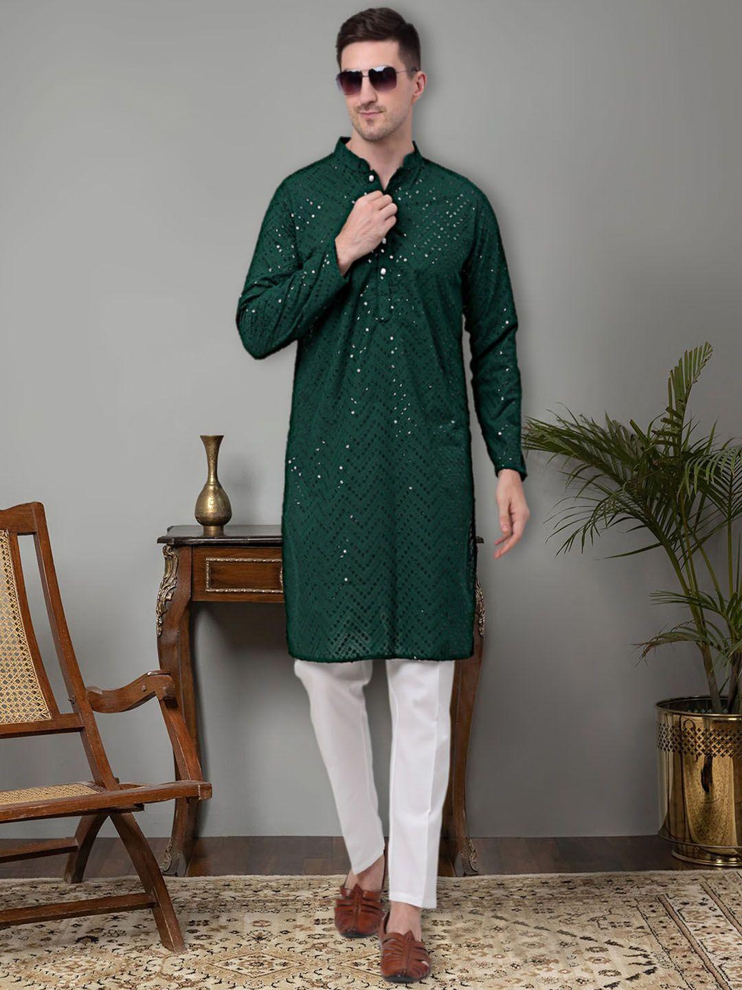 jompers ethnic motif embroidered mandarin collar sequinned pure cotton kurta with trousers