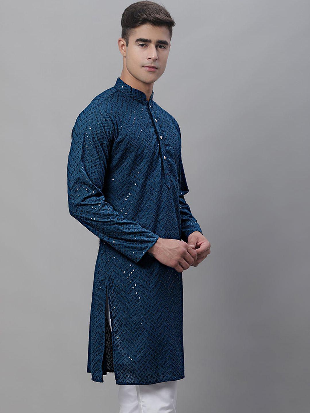 jompers ethnic motif embroidered mandarin collar sequinned pure cotton kurta