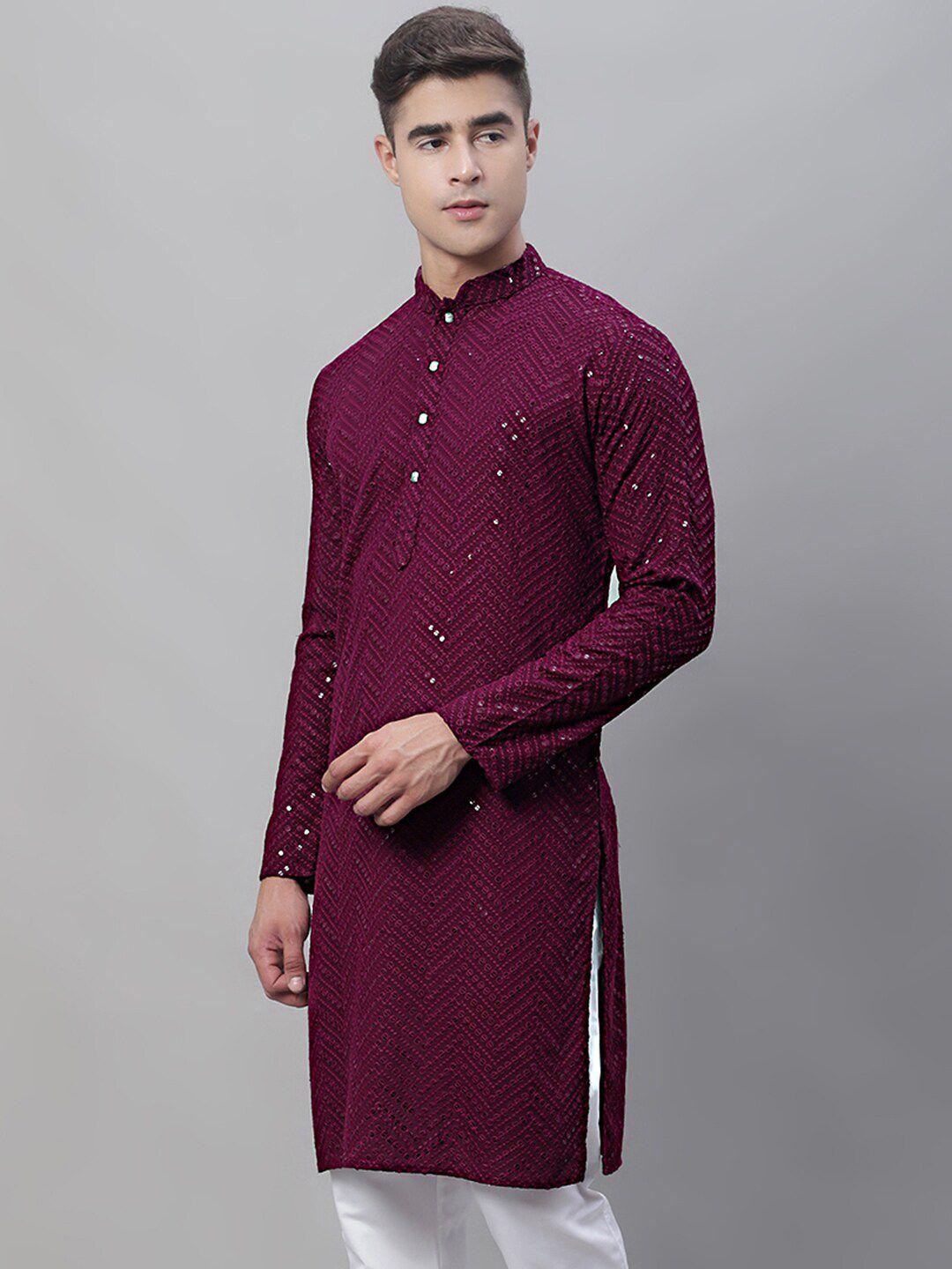 jompers ethnic motif embroidered mandarin collar sequinned pure cotton kurta