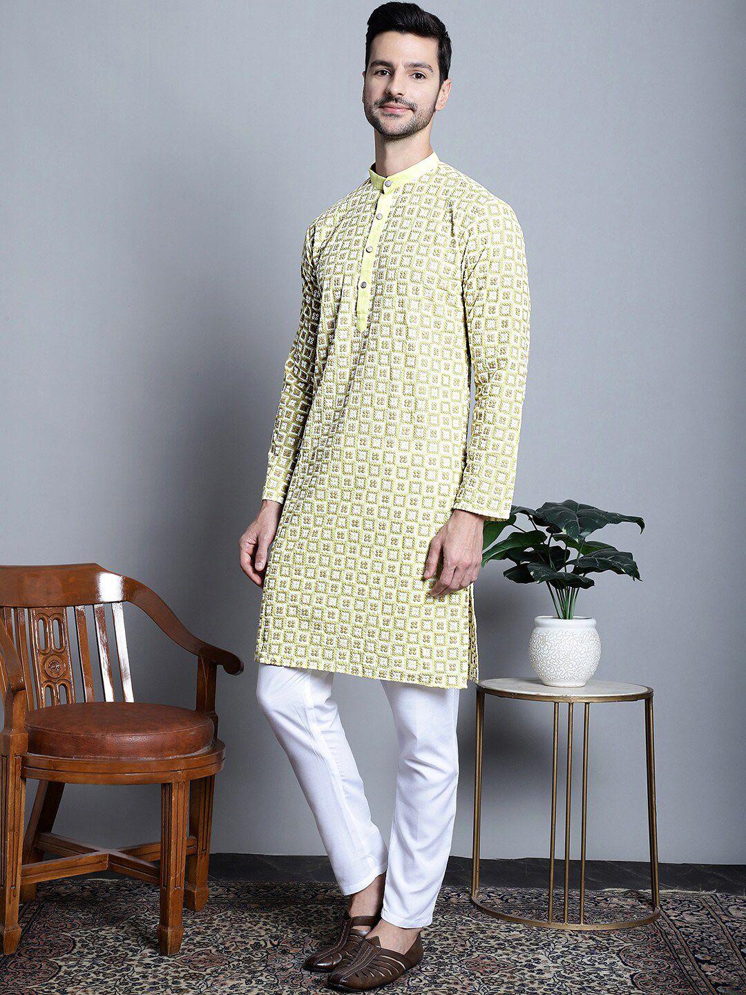 jompers ethnic motif embroidered regular pure cotton kurta with pyjamas