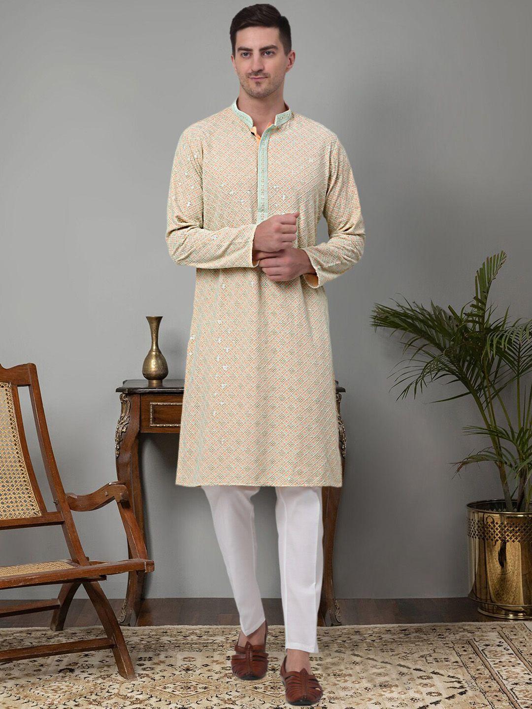 jompers ethnic motifs embroidered mandarin collar chikankari cotton straight kurta