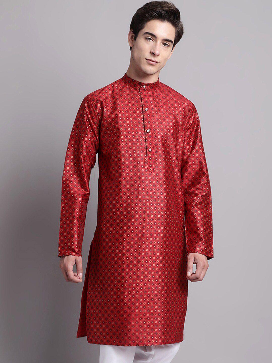 jompers ethnic motifs printed band collar cotton silk kurta