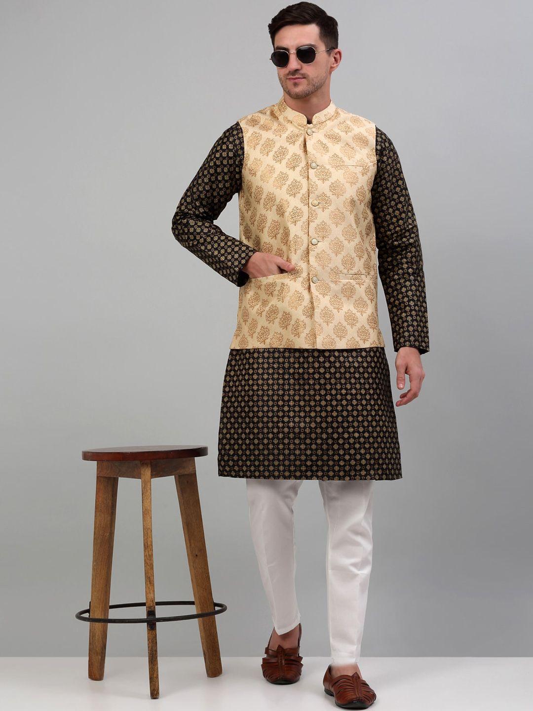 jompers ethnic motifs printed mandarin collar regular kurta & pyjamas with nehru jacket