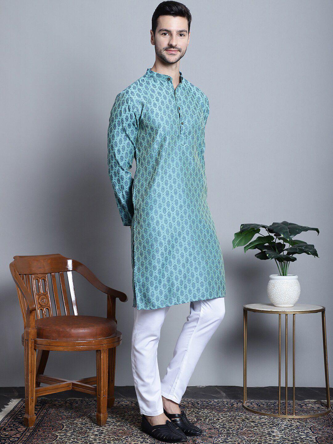 jompers ethnic motifs woven design band collar jacquard straight kurta with pyjamas