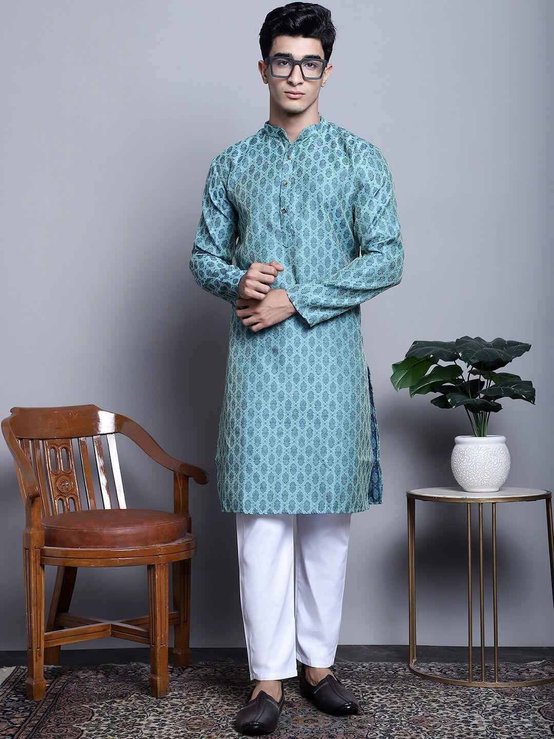 jompers ethnic motifs woven design band collar kurta & trousers