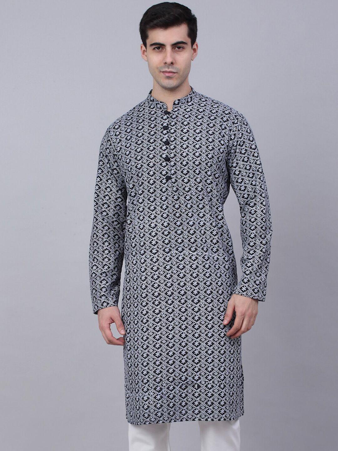 jompers floral embroidered mandarin collar pure cotton kurta