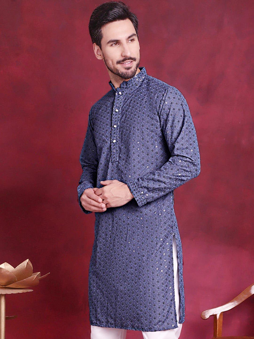 jompers floral embroidered mandarin collar sequinned pure cotton straight kurta