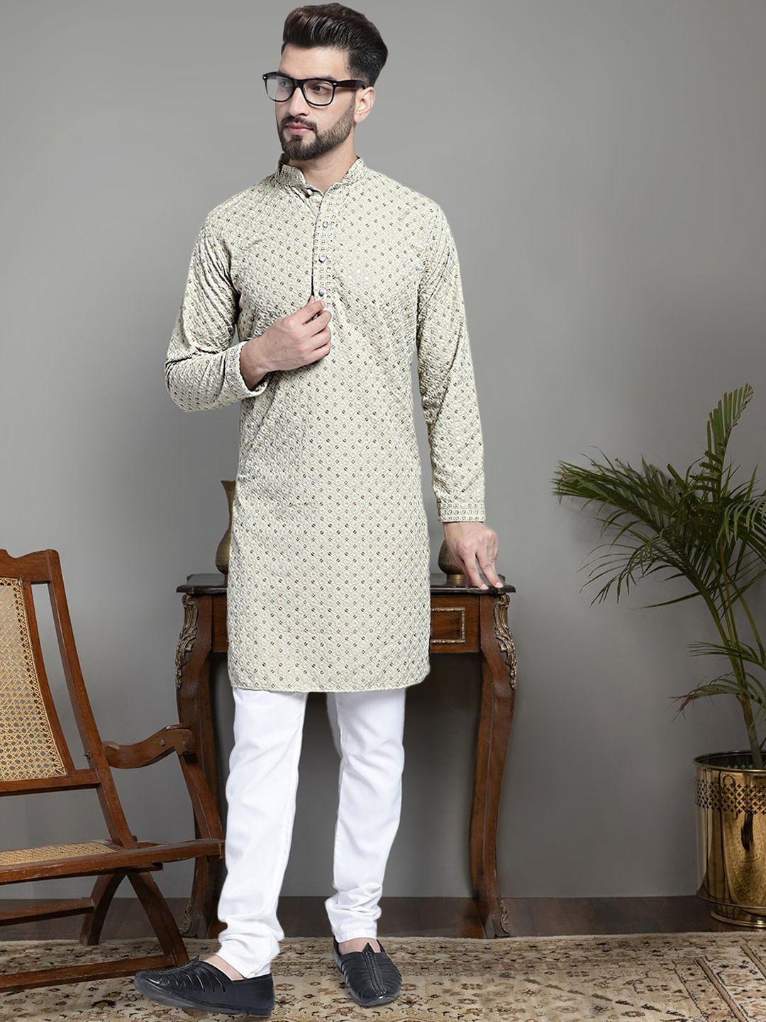jompers floral embroidered regular sequinned pure cotton kurta with churidar