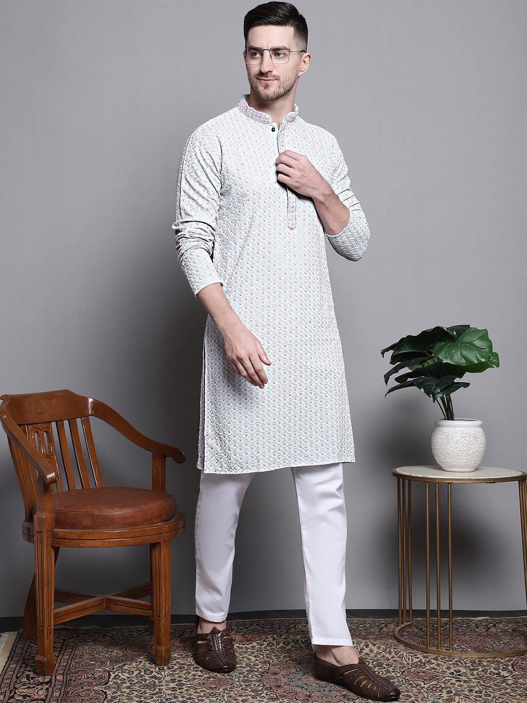 jompers floral embroidered sequinned pure cotton straight kurta with pyjamas