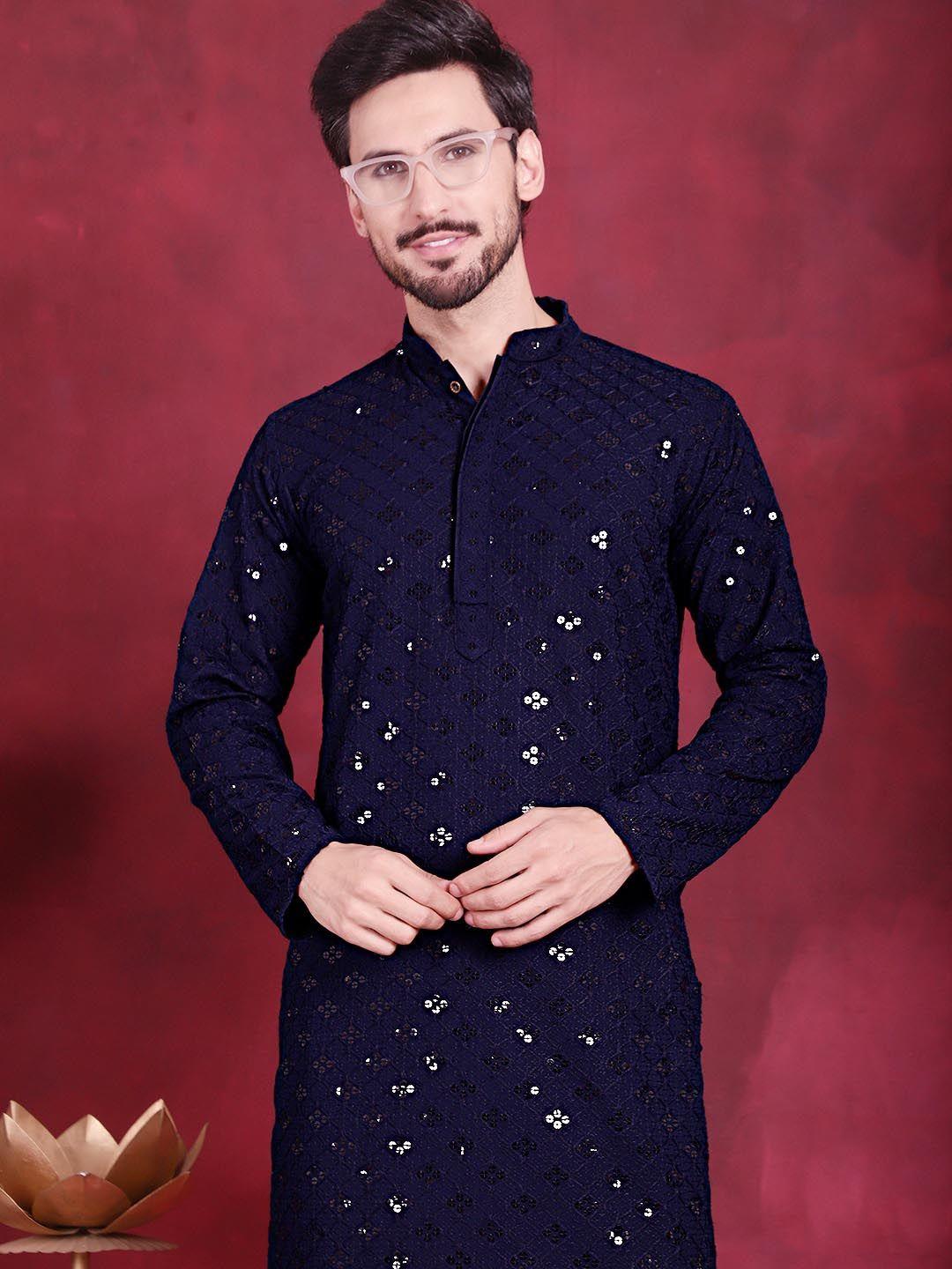 jompers geometric embroidered chikankari mandarin collar cotton sequinned kurta