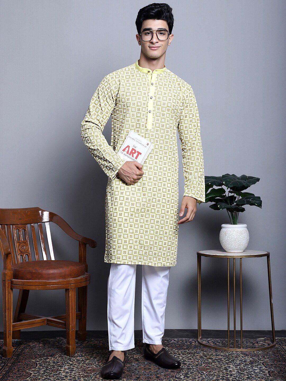 jompers geometric embroidered mandarin collar pure cotton straight kurta & pyjamas