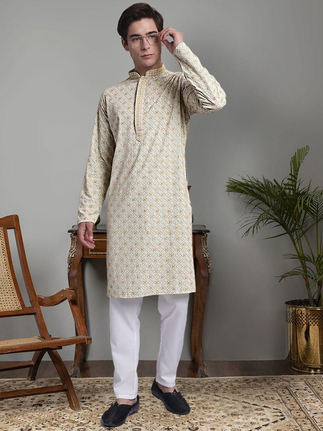 jompers geometric embroidered mandarin collar thread work pure cotton kurta with trousers