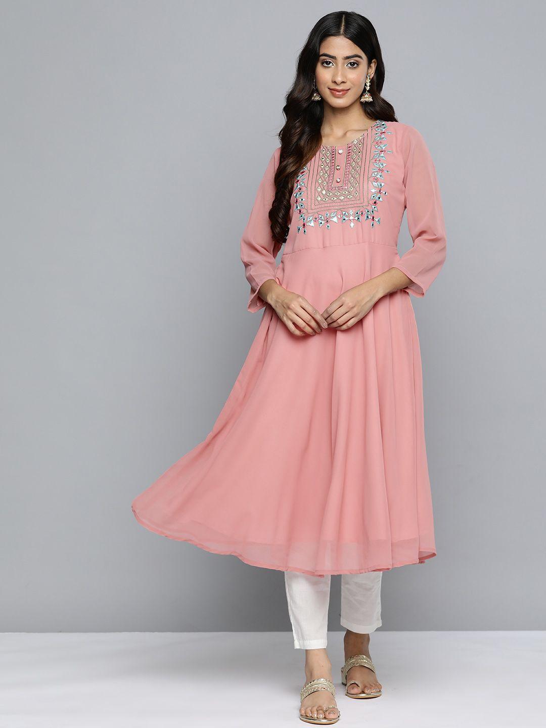 jompers geometric embroidered mirror work pastel georgette anarkali kurta