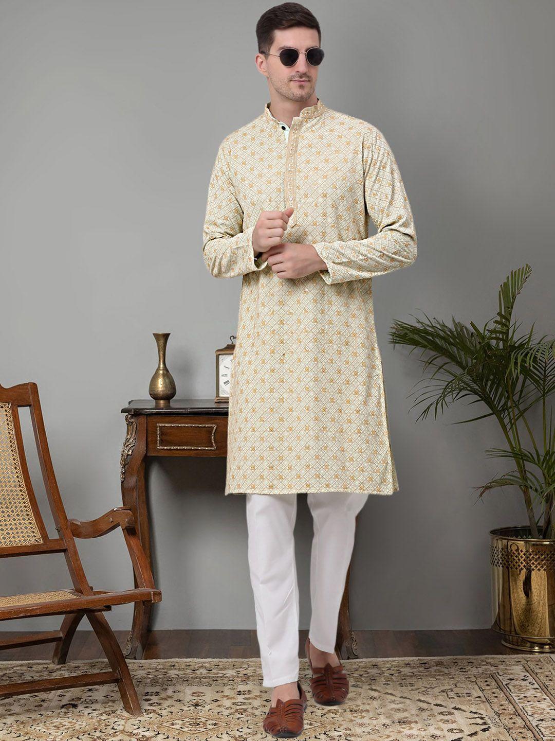 jompers geometric embroidered regular sequinned pure cotton kurta with pyjamas