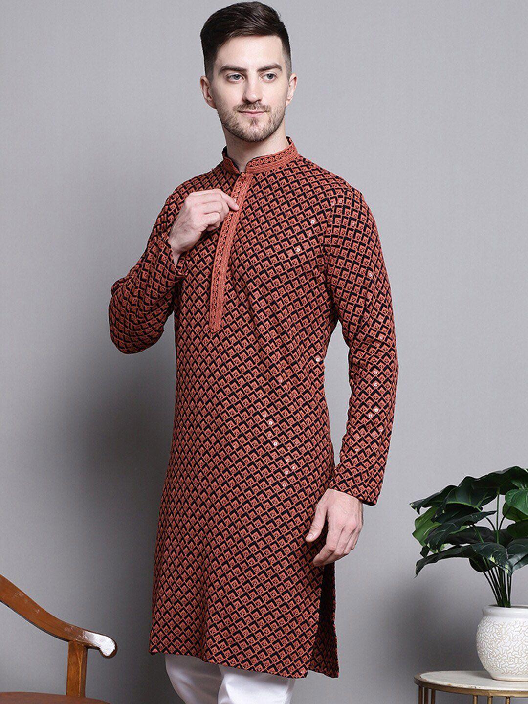 jompers geometric embroidered sequinned cotton straight kurta