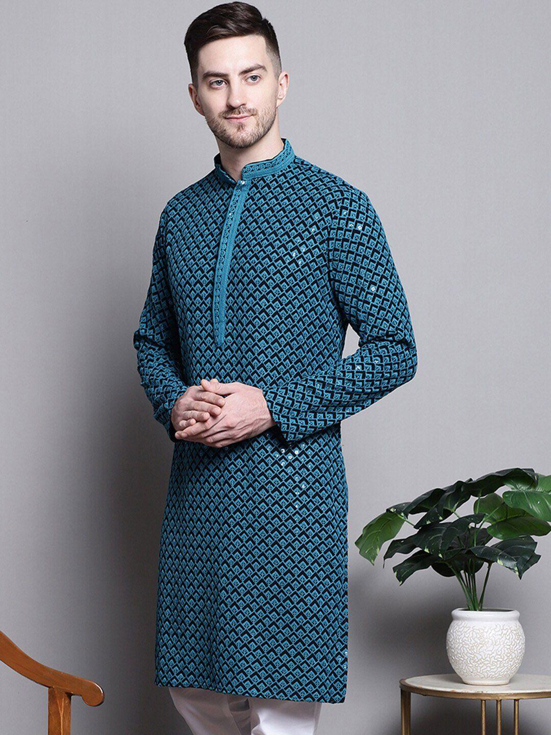 jompers geometric embroidered sequinned cotton straight kurta