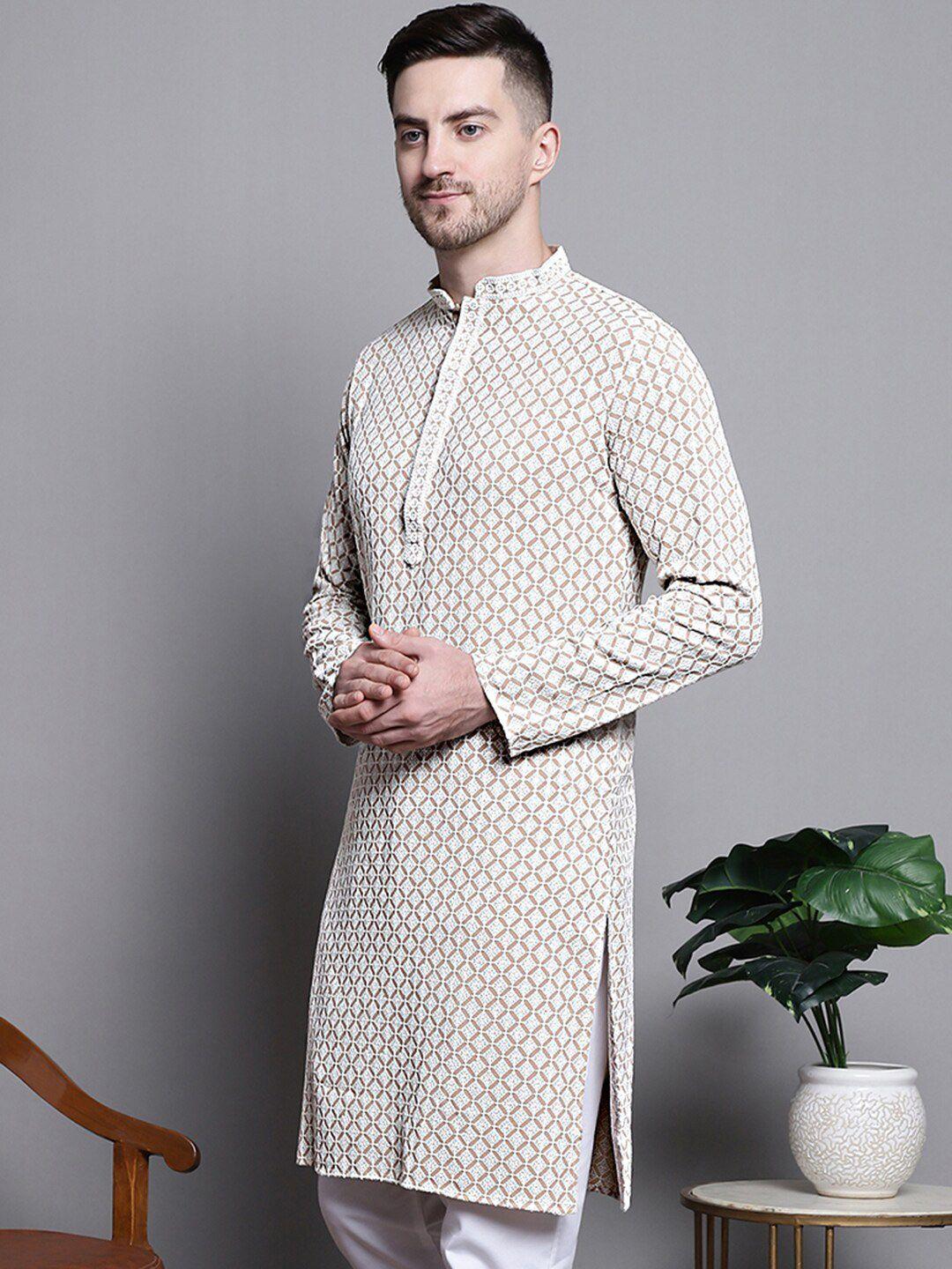 jompers geometric embroidered thread work sequinned pure cotton kurta