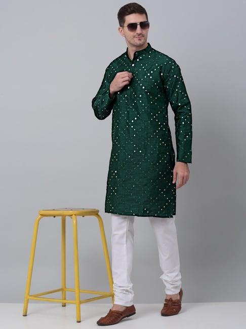 jompers green & white regular fit embroidered kurta bottom set