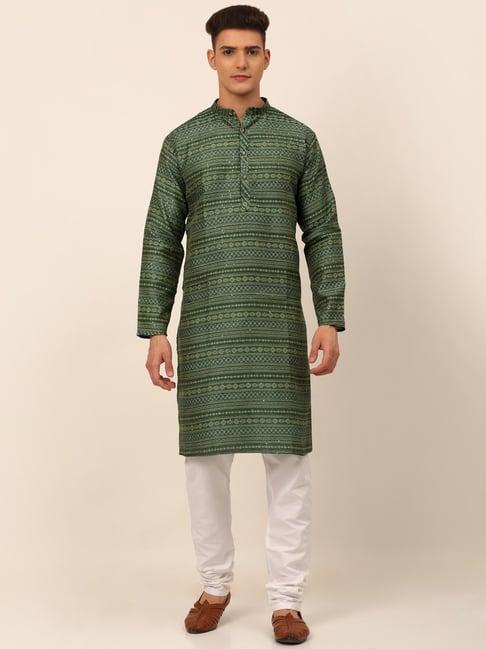 jompers green & white regular fit printed kurta set