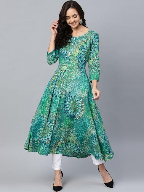 jompers green cotton floral print flared kurta