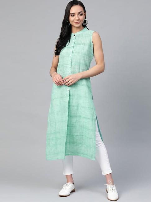 jompers green cotton woven pattern straight kurta