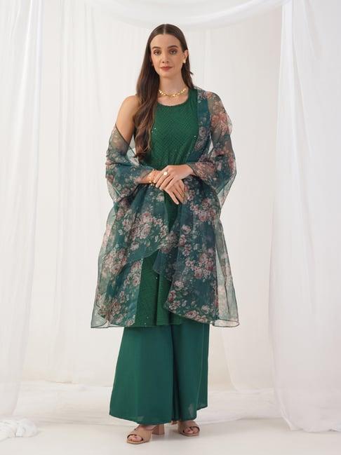 jompers green embroidered kurta with palazzo & dupatta