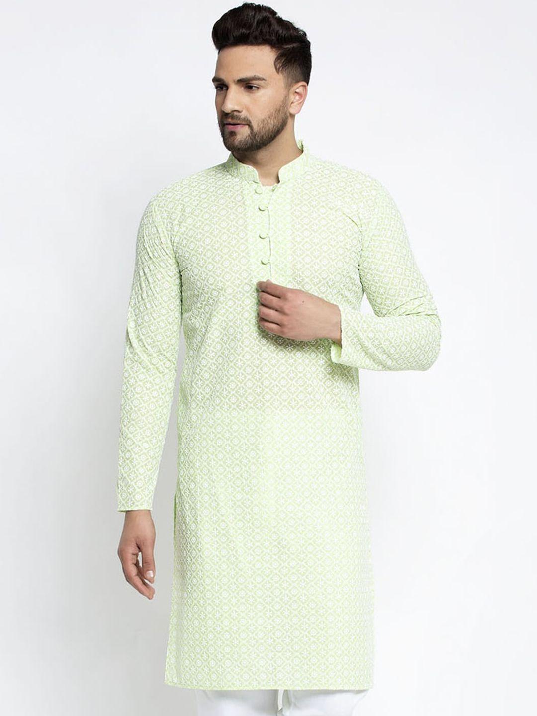 jompers green floral embroidered thread work mandarin collar regular sleeves kurta