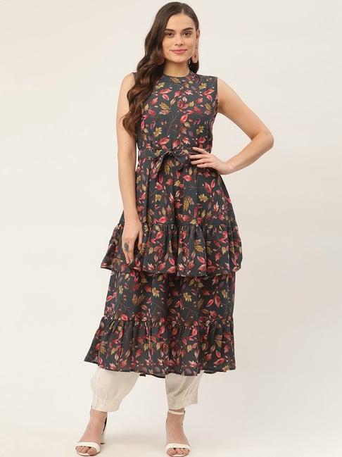 jompers grey & pink floral print flared kurta