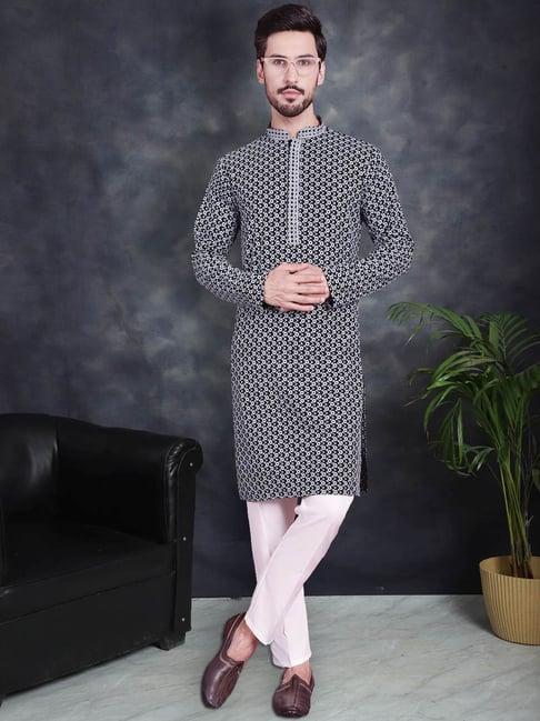 jompers grey regular fit embroidered kurta bottom set