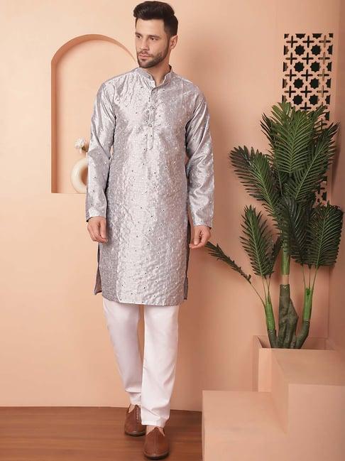 jompers grey regular fit embroidered kurta bottom set