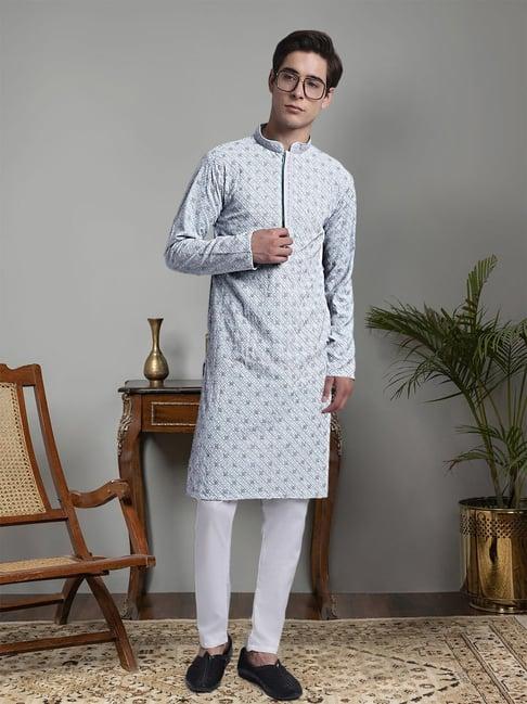 jompers ice blue & white regular fit chikankari embroidered cotton kurta & pyjamas set