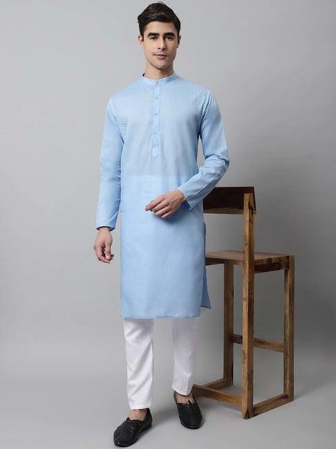 jompers light blue cotton regular fit striped kurta bottom sets