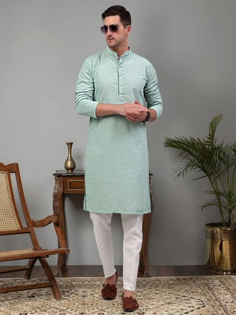 jompers light green & white regular fit chikankari embroidered cotton kurta & pyjamas set