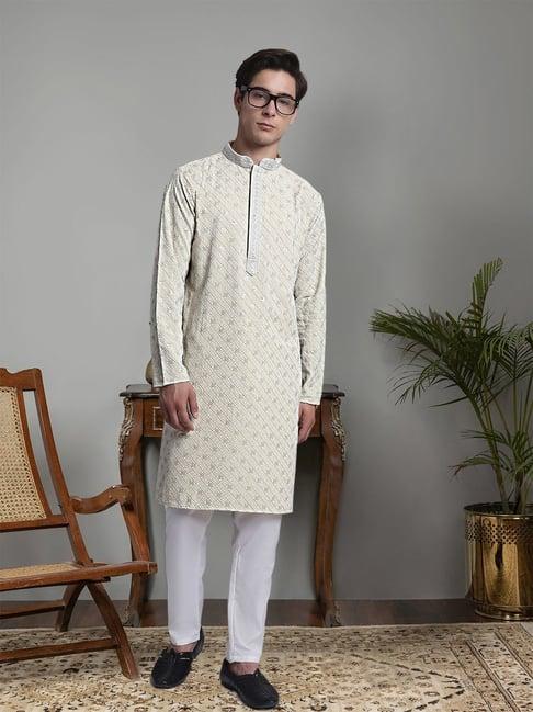 jompers lime yellow & white regular fit chikankari embroidered cotton kurta & pyjamas set