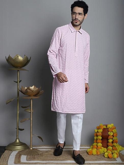 jompers magenta & white regular fit chikankari embroidered kurta & pyjamas set