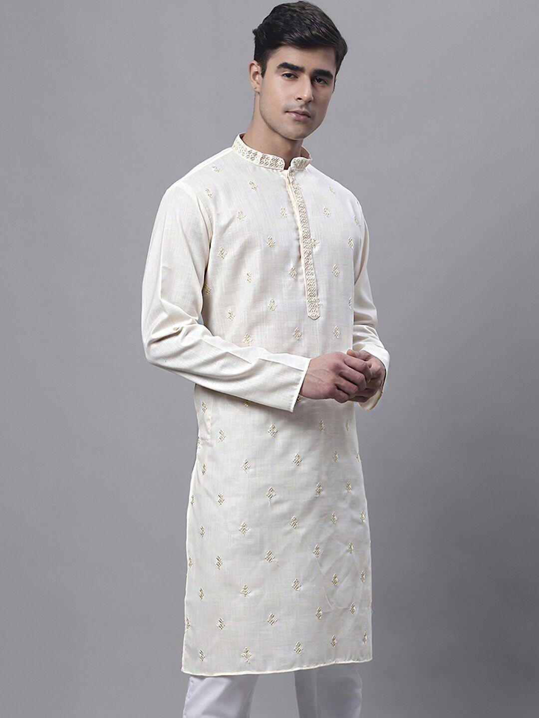 jompers mandarin collar ethnic motifs embroidered straight cotton kurta