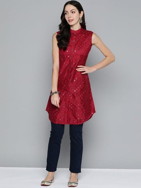 jompers maroon embroidered a line kurti
