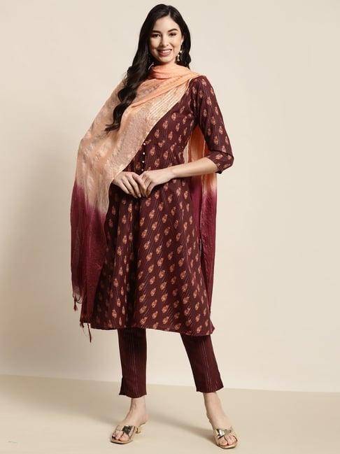 jompers maroon printed kurta pant set with dupatta