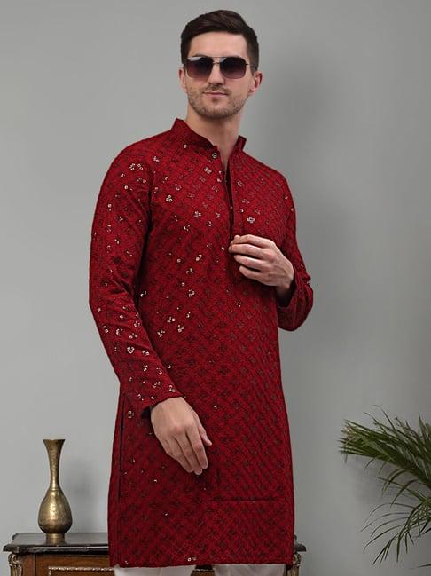 jompers maroon regular fit chikankari embroidered kurta