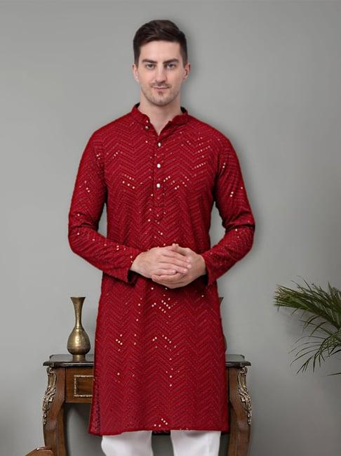 jompers maroon regular fit embroidered cotton kurta