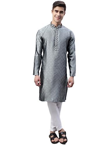 jompers men's collar embroidered silk jacquard kurta pyjama set (grey, xl)