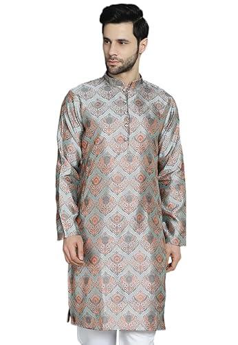 jompers men's silver silk blend straight kurtas (silver, l)